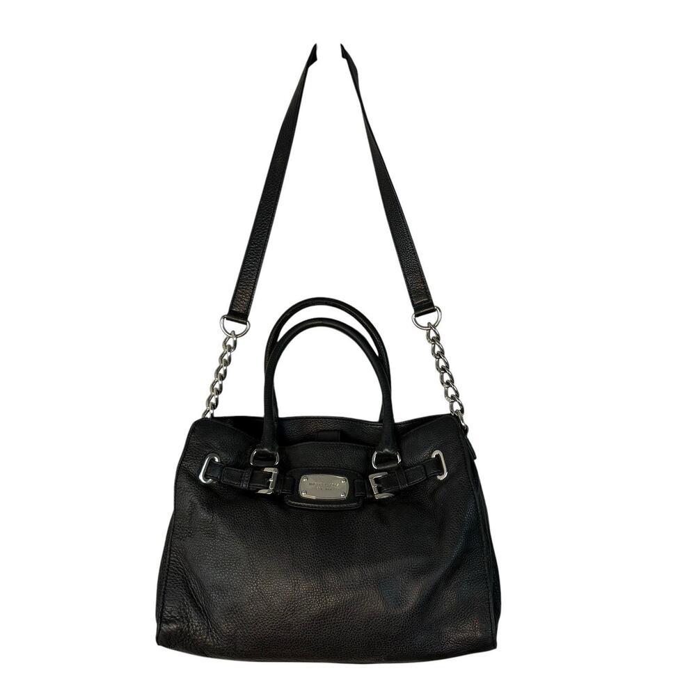 MICHAEL KORS Leather Satchel Shoulder Tote Bag Hamilton East West Pebbled Black - Picture 2 of 10